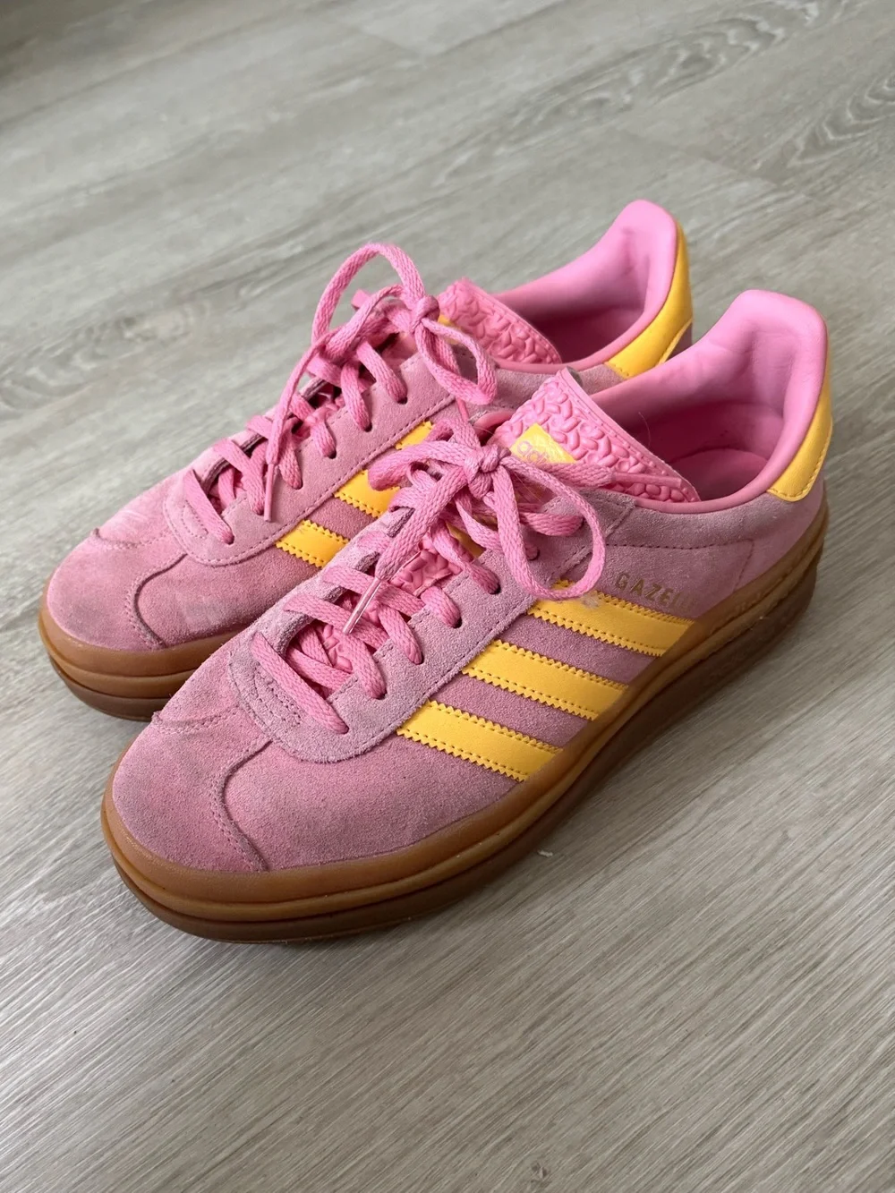 adidas Pink Suede Sneakers with Yellow Stripes